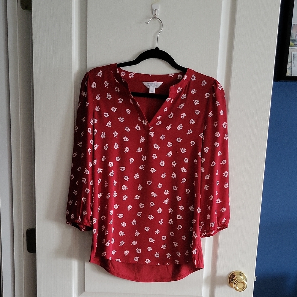 Women's Market & Spruce Mariene Mixed Material Red Floral Blouse, Size Small
